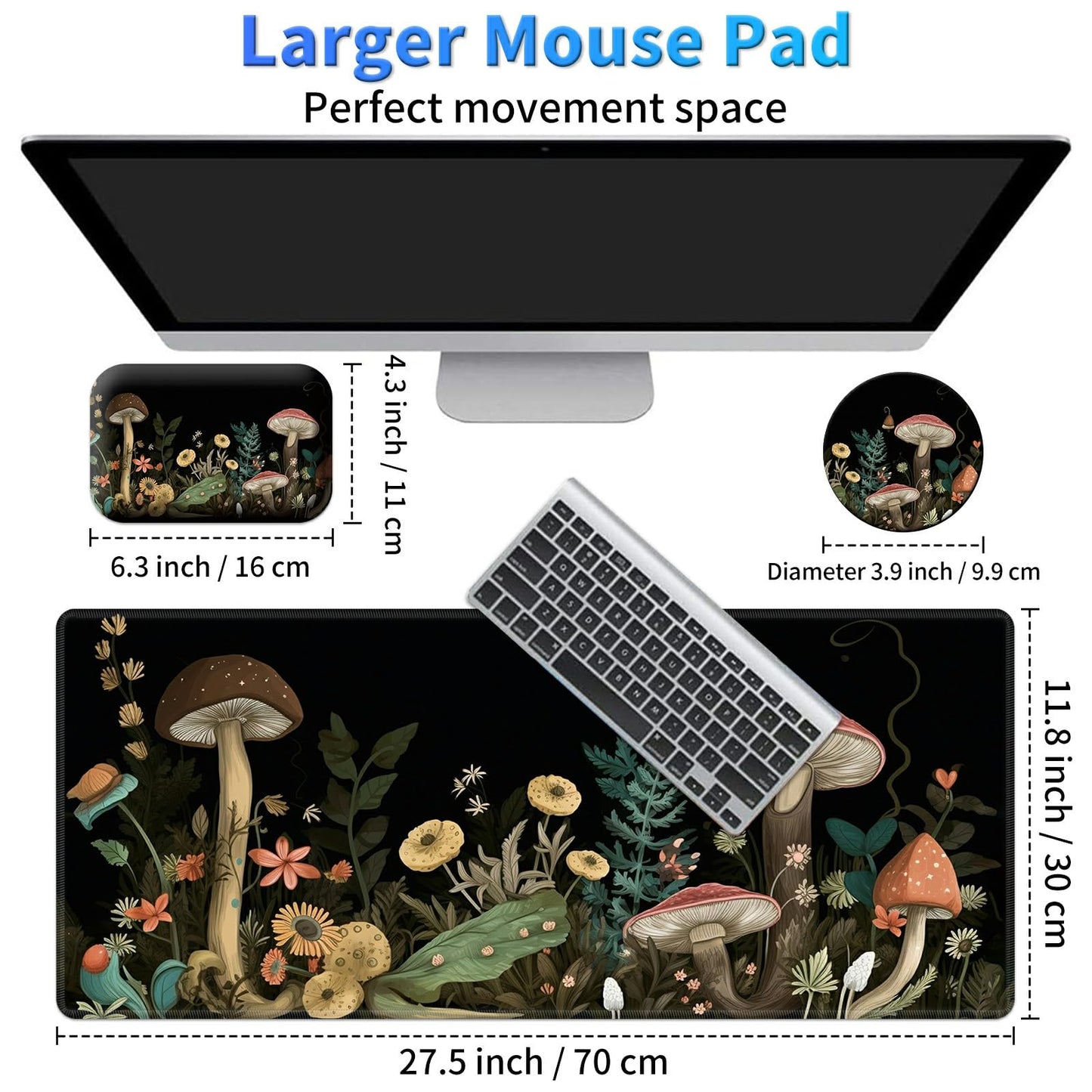 BPQOJB Laptop Mouse Pad 27.5 x 11.8 inch & Small Wrist Rests with Coasters and Mushroom and Flower