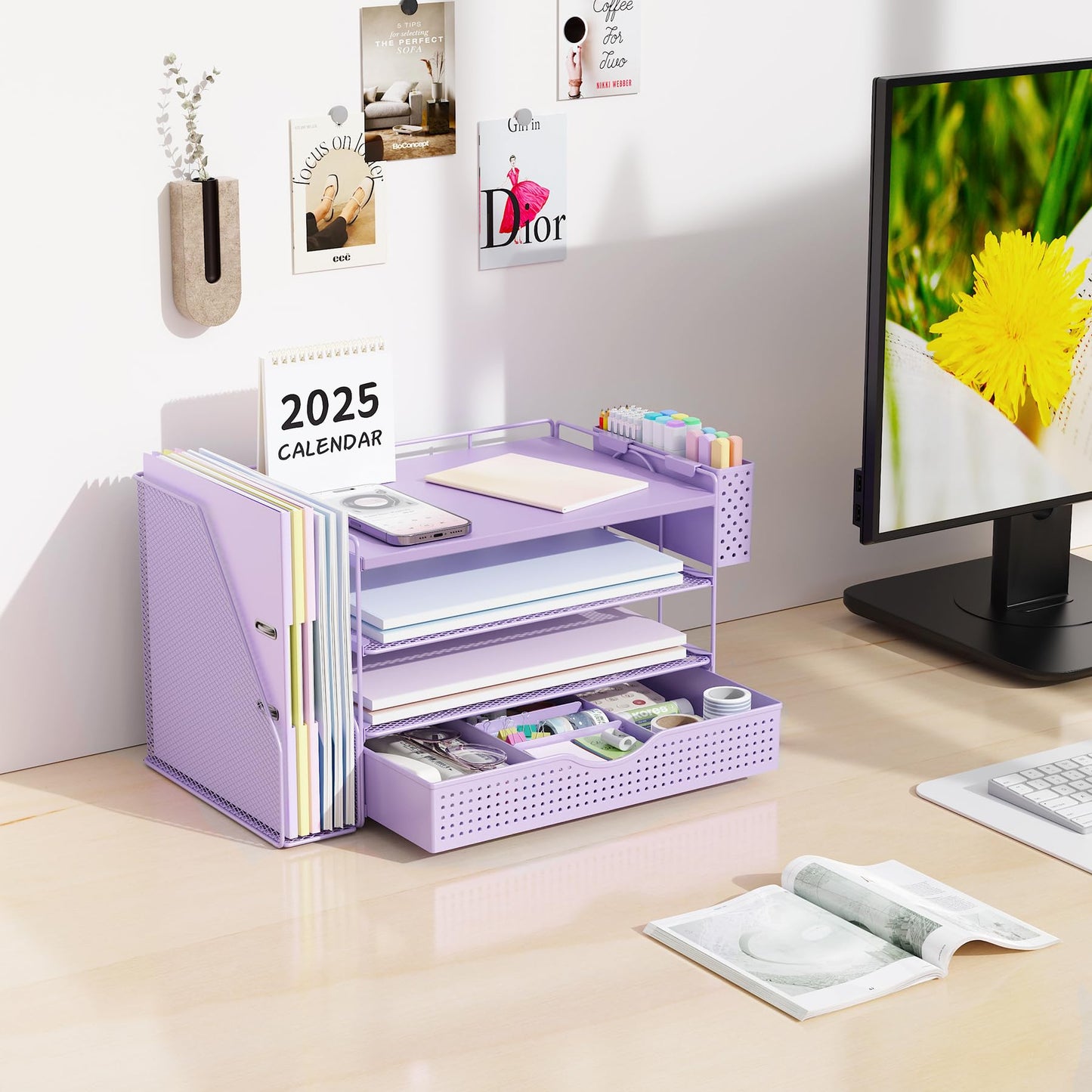 Wood Desk Organizers and Accessories with File Holder, 4-Tier Desk Accessories & Workspace