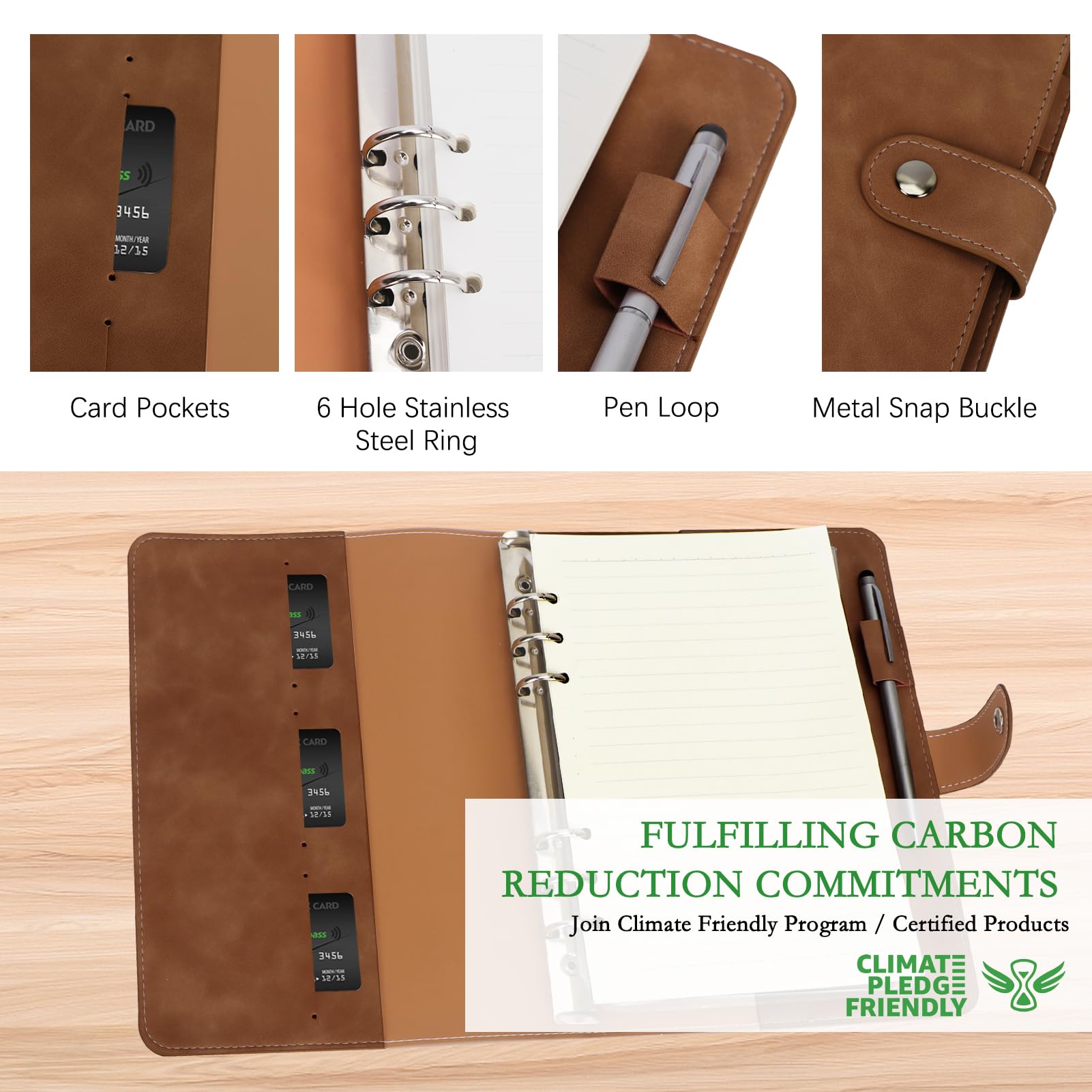 FYY A5 Binder Refillable Planner Notebook 6 Ring, Brown