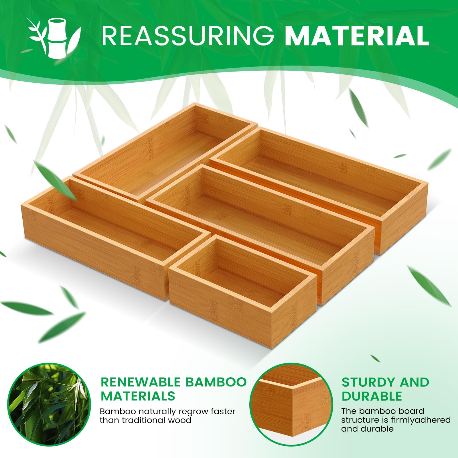 Bayting Bamboo Drawer Organizer Set, 5-Piece Storage Trays for Kitchen, Bathroom, Office Desk
