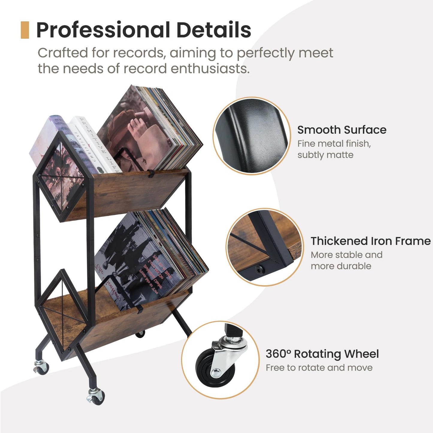 SwaaVee Vinyl Record Storage Holder with Wheels, 2-Tier Record Holder 160-200 LP with Dividers