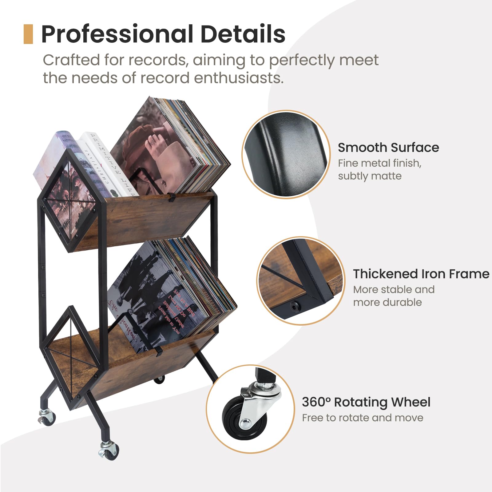 SwaaVee Vinyl Record Storage Holder with Wheels, 2-Tier Record Holder 160-200 LP with Dividers