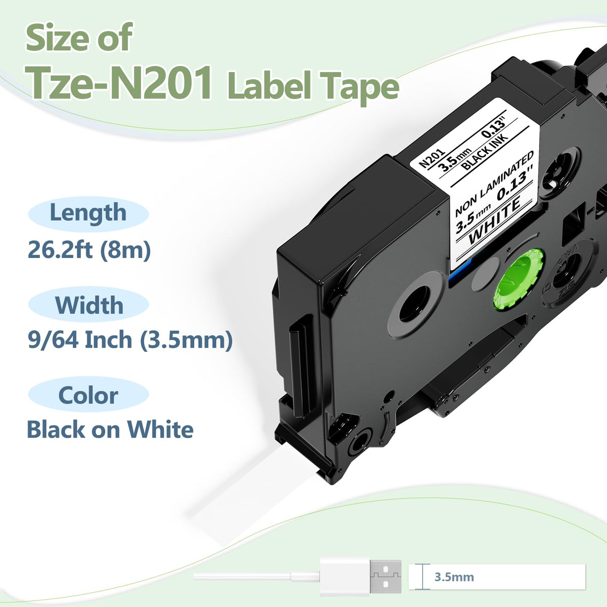 3.5mm Label Tape Replacement for Brother TZe-N201 TZeN201 Black on White