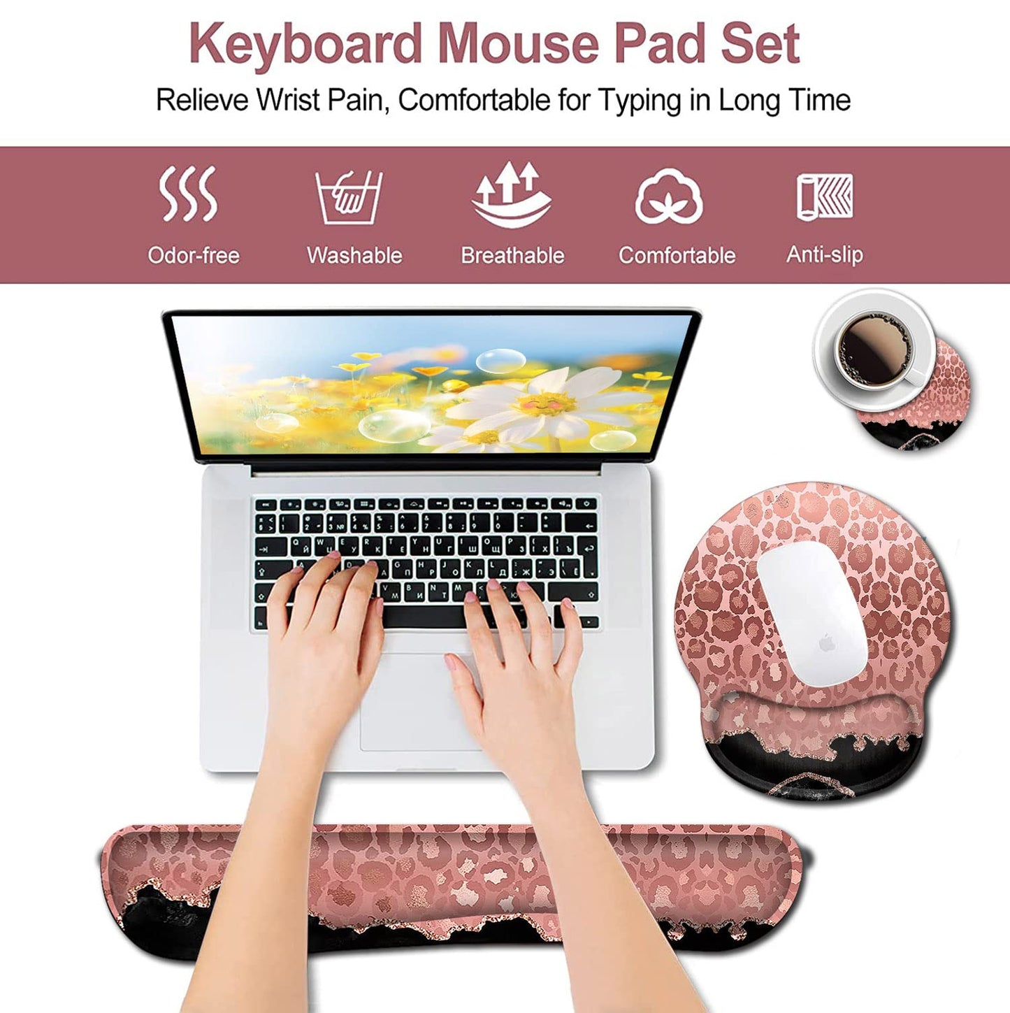 Ladies Desktop Mouse Pad with Wristband, Soft Memory Foam Keyboard Wrist Rest, Ergonomic Mouse Pad