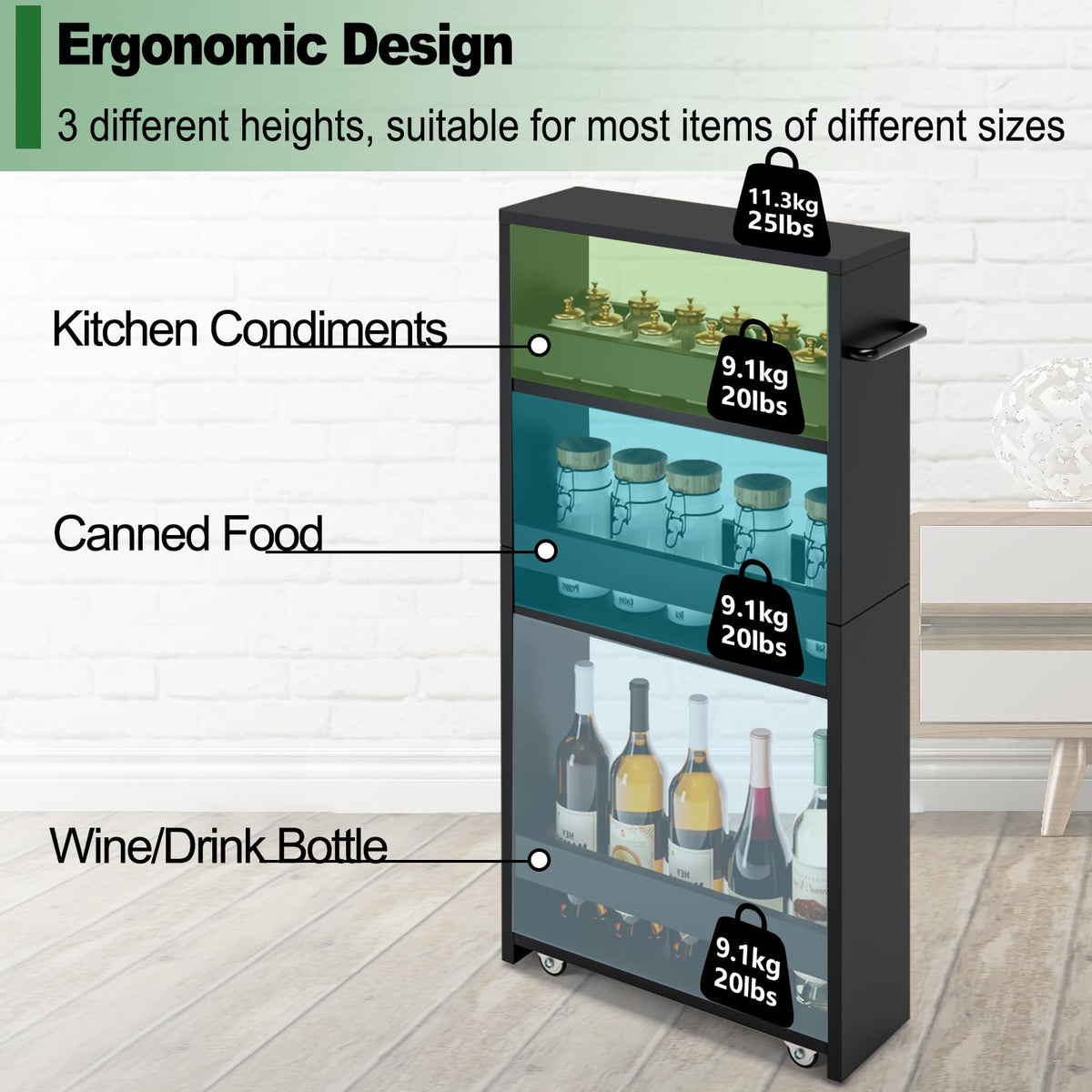 MARTY Slim Rolling Storage Cart, Wood Utility Kitchen Bathroom Laundry Cart