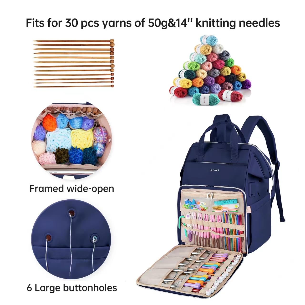Leudes Crochet Bag Backpack for Yarn Storage Tote Travel Large Knitting Bag