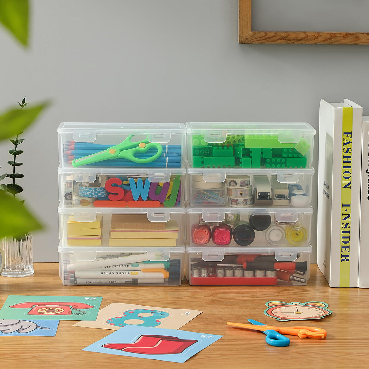 Swuj 8 Pack Large Clear Pencil Box, Stackable Snap-Lid Plastic Pencil Case