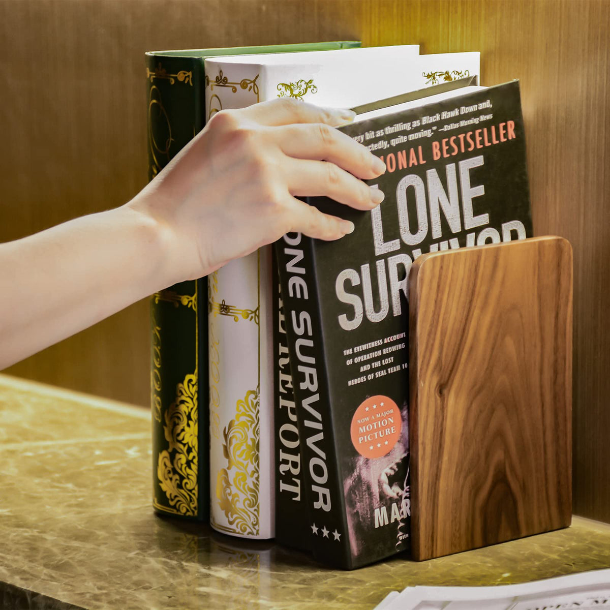 Large Bookend Hold Heavy Books-7x4x5in 3 Pack Non-Skid Wood Bookends Walnut
