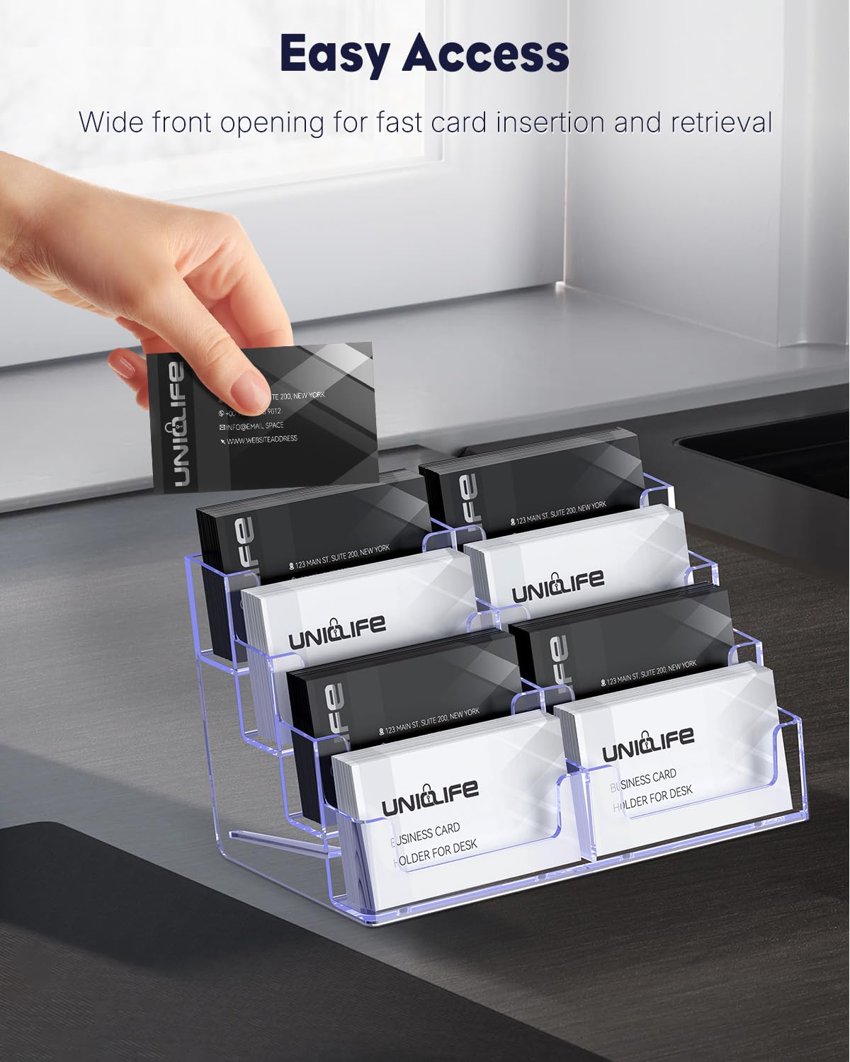 Uniclife 4 Pack Acrylic Business Card Holder for Desk 8 Slots Clear Business Card Display Stand for
