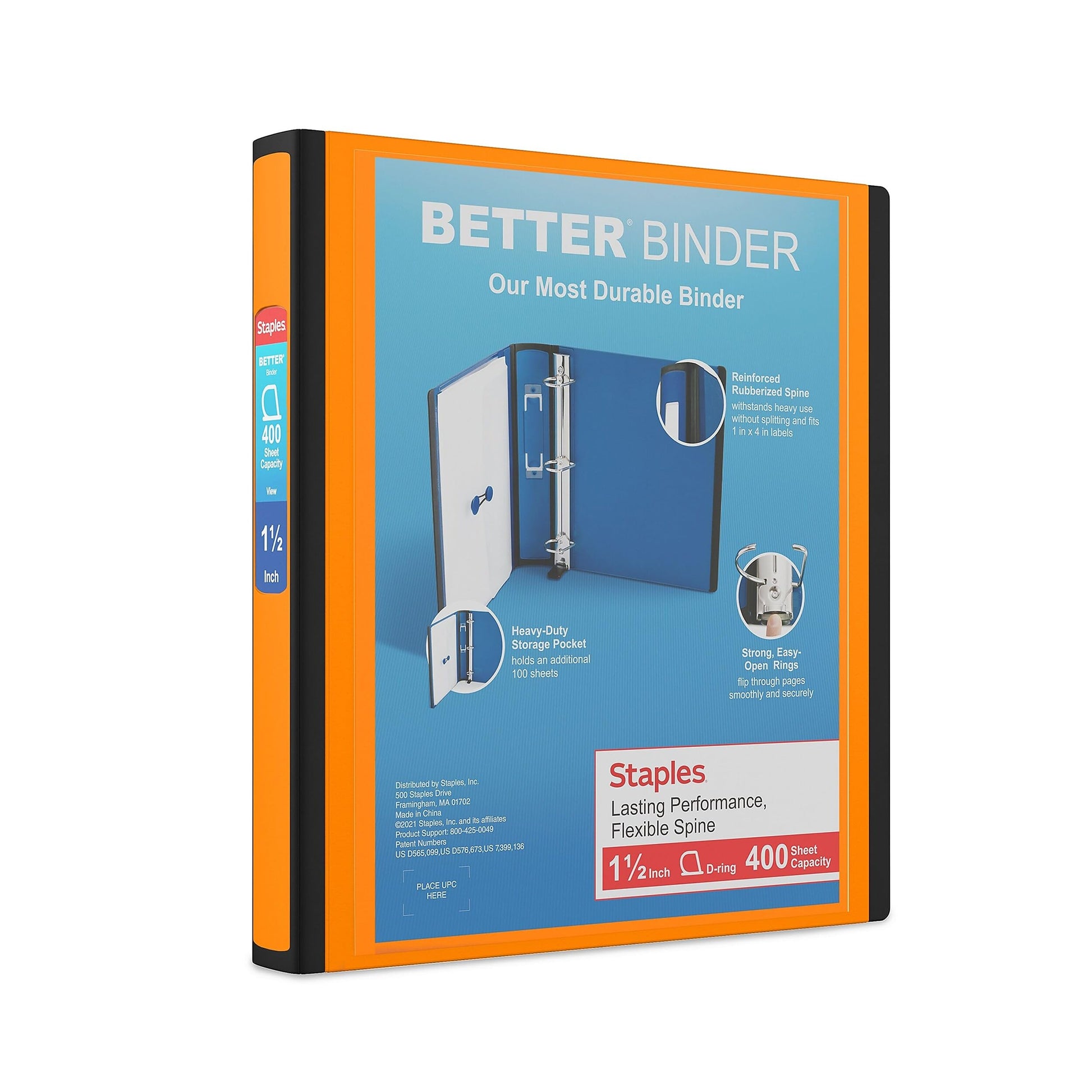 Staples Better Binder, 1.5 Inch D-Ring, Orange, 400 Sheets, 3-Pack