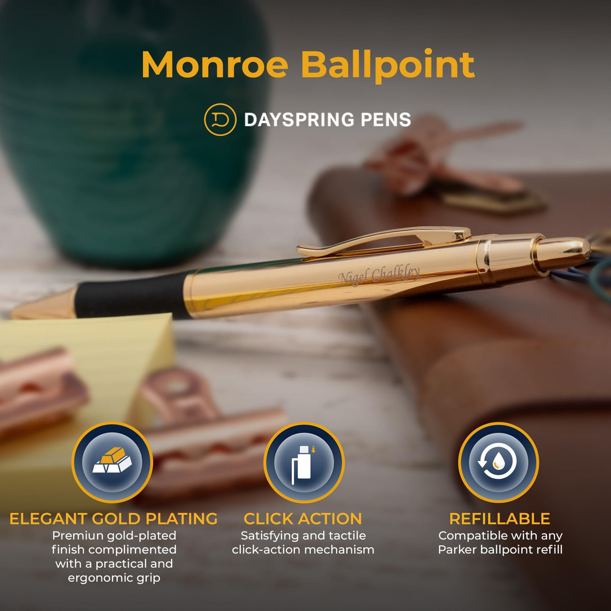 Dayspring Pens Monroe Personalized Ballpoint Pen in 18K Gold-Plated Finish