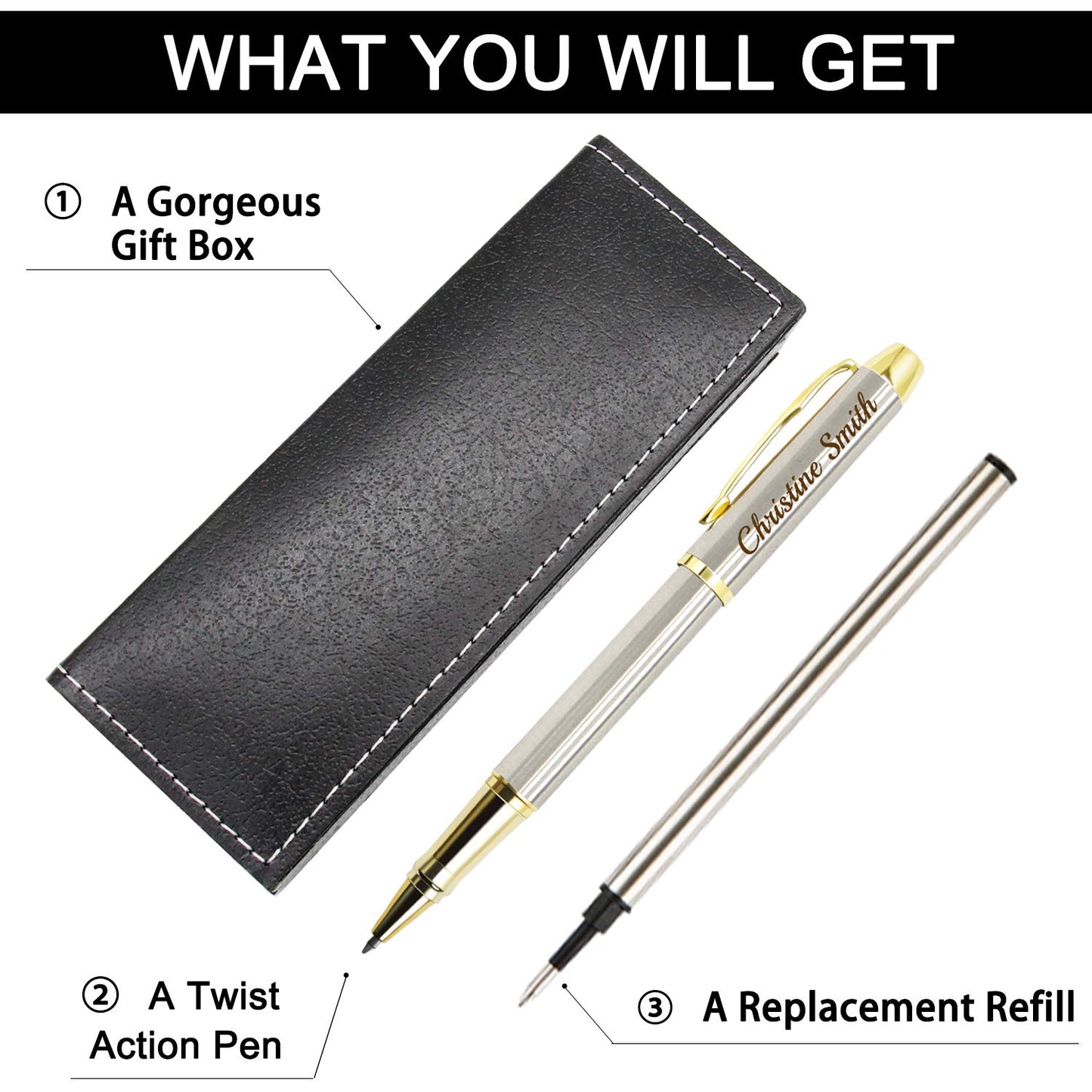 Amlion Personalized Pens Custom Engraved Pen with Name, Refillable Medium Refill, Personalized