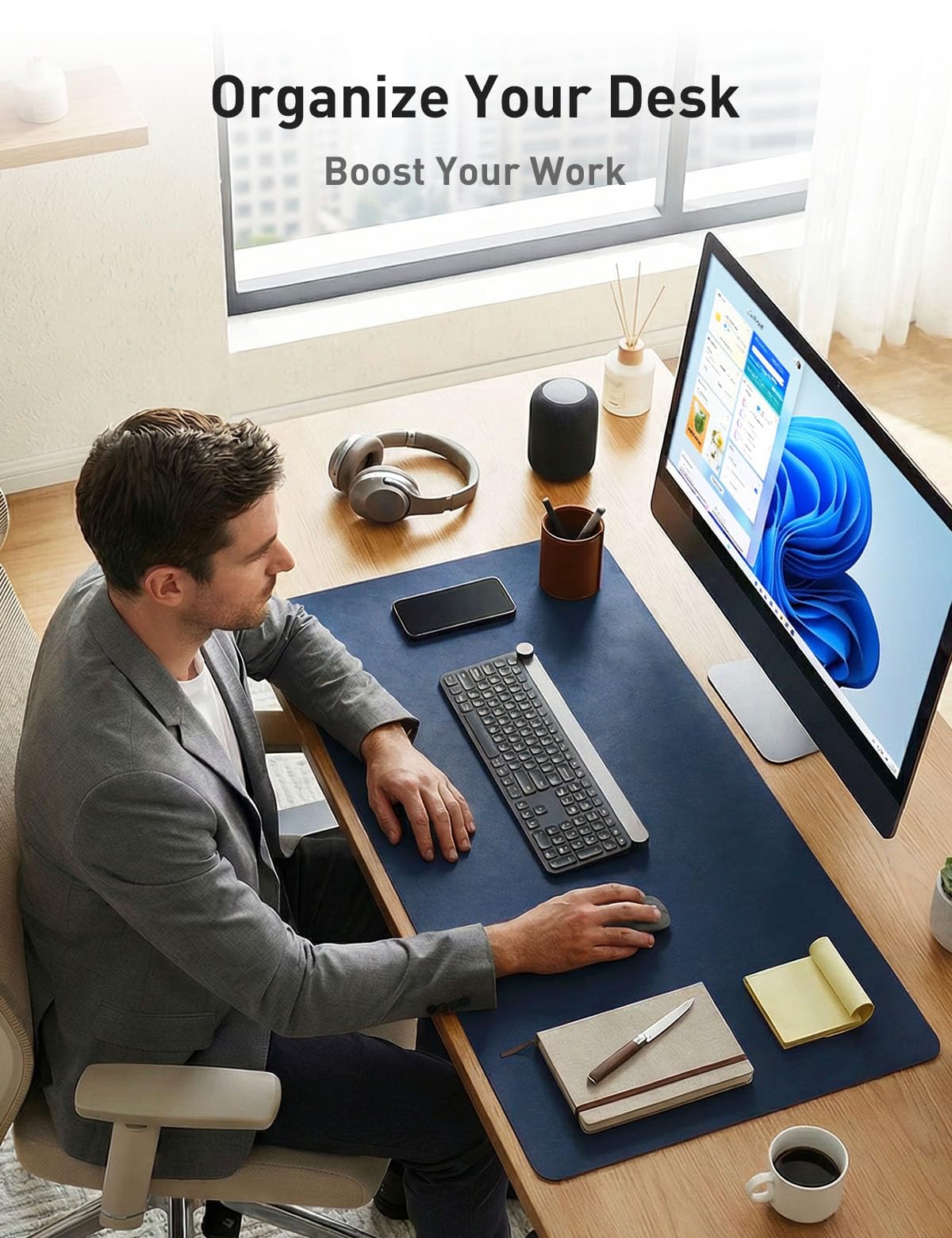 Aothia Faux Leather Desk Mat - Non-Slip PU Leather Desk Blotter, Waterproof Writing Surface, Large