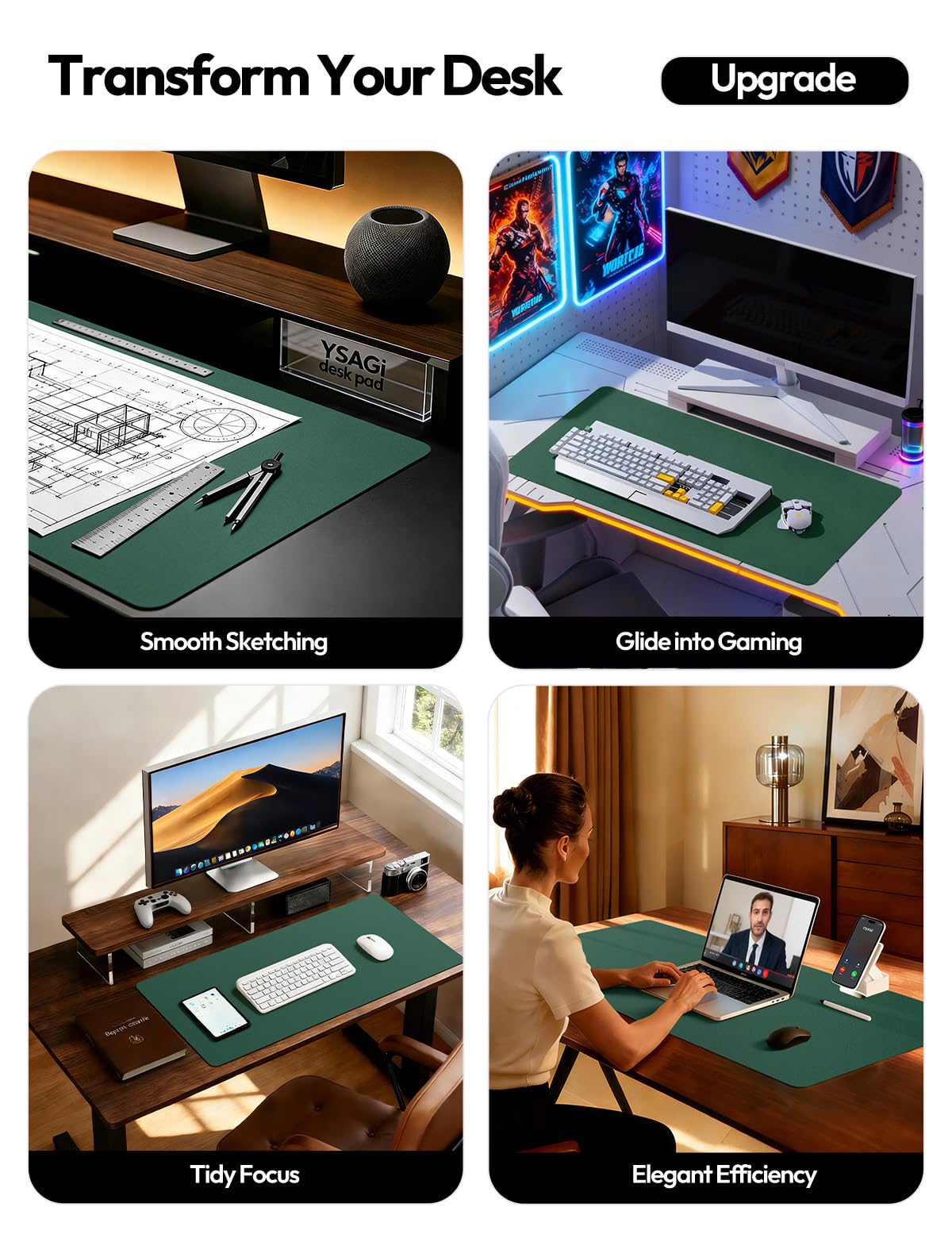 YSAGi Leather Desk Pad Protector, Office Desk Mat, Large Mouse Pad, Non-Slip PU Leather Desk