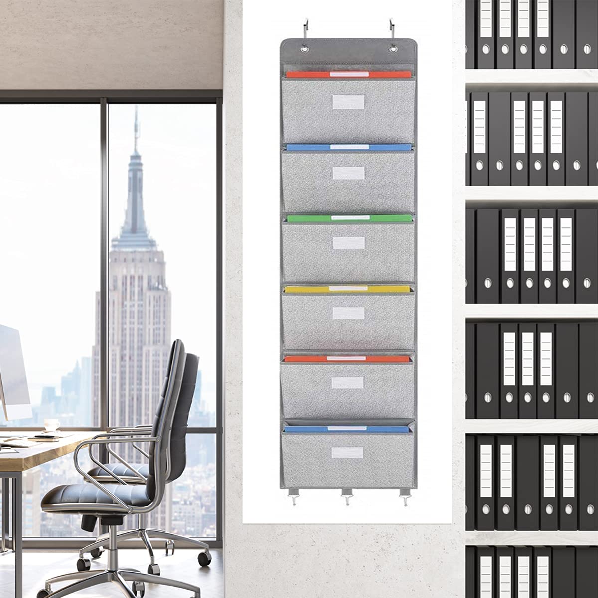 Geodurn Over The Door File Organizer - 6 Extra Large Pockets Hanging Wall Mounted Storage Files