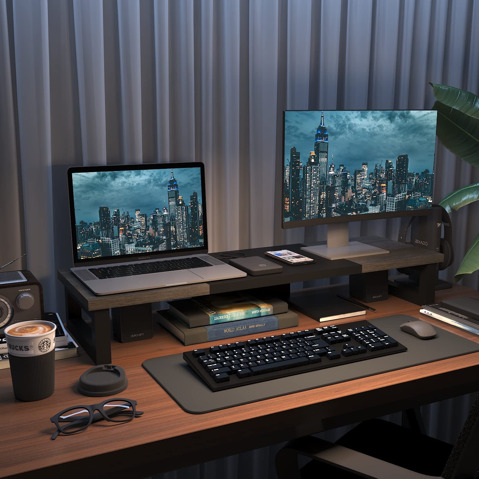 WESTREE Dual Monitor Stand Riser, Wood and Steel Monitor Stand Riser, Computer Monitor Stand for 2