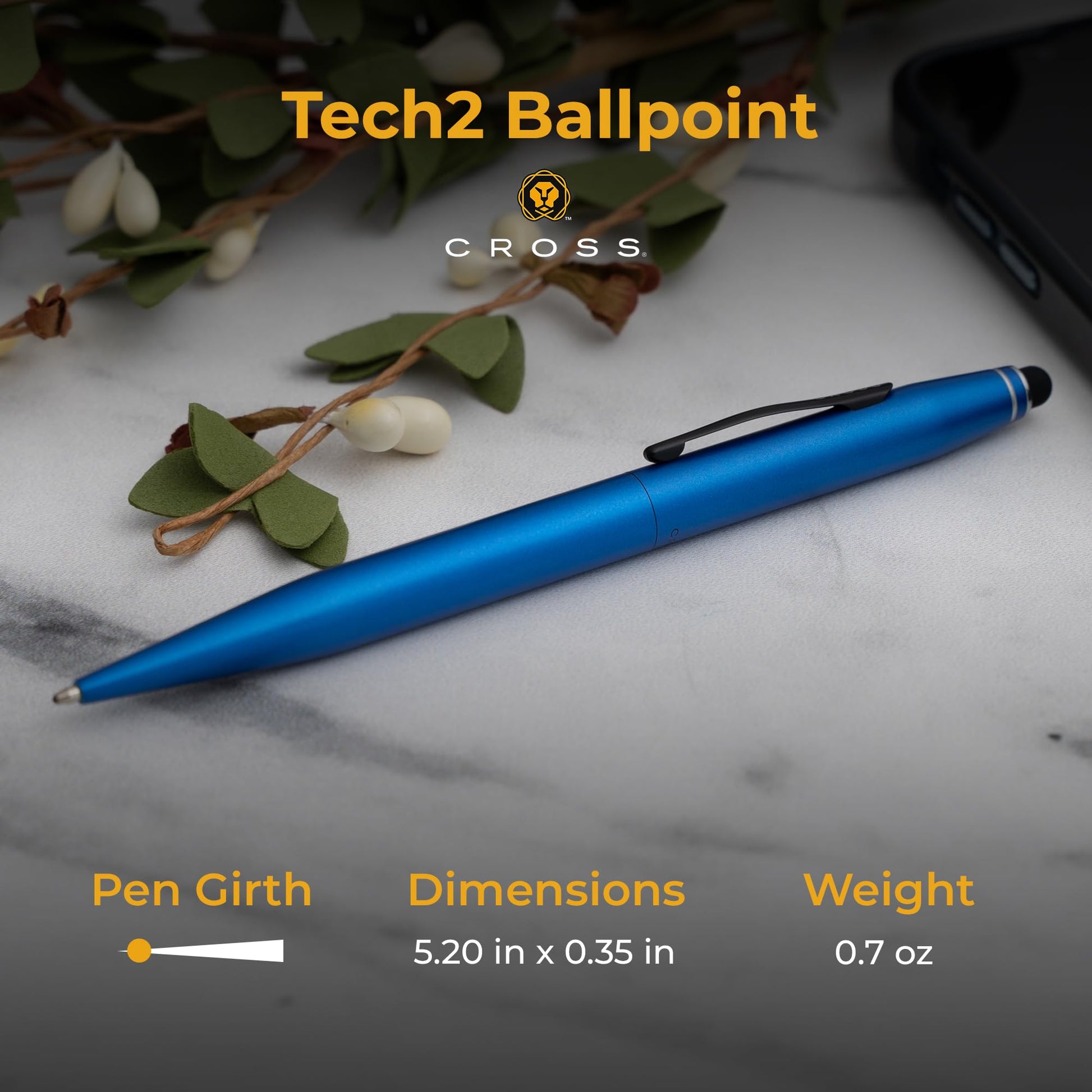 Cross Tech2 Personalized Ballpoint Pen in Metallic Blue with Stylus Tip