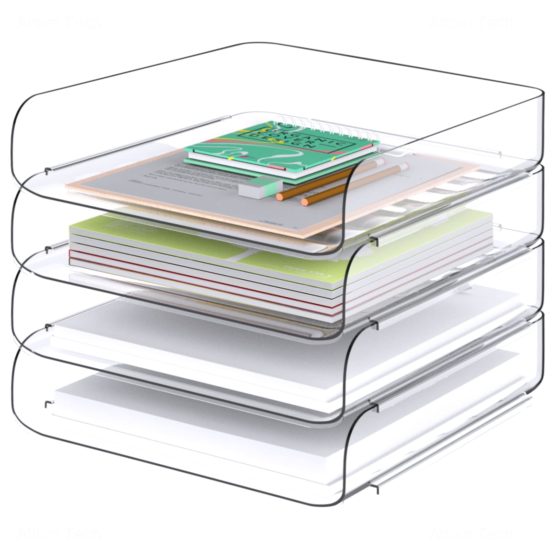Tomorotec 4 Pack Clear Stackable Letter Tray, A4 Desk File Organizer Set