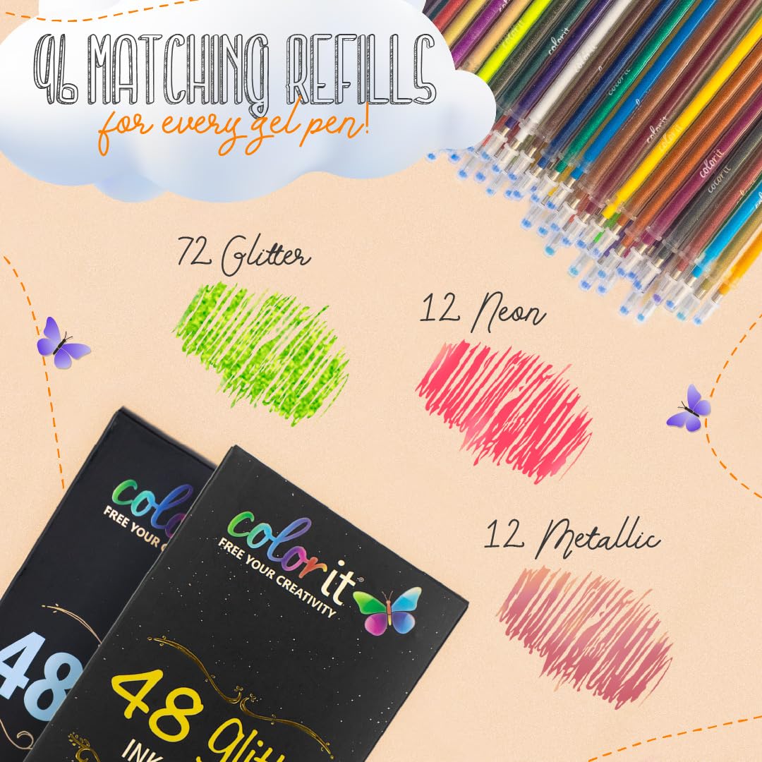 ColorIt Gel Pens Set for Coloring – 192 Pack with 12 Metallic, 12 Neon, 72 Glitter Gel Pens - 96