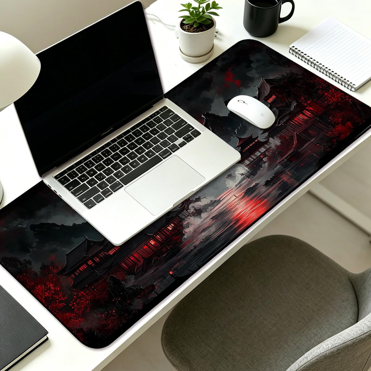 JIANG100 Moonlit Japanese Lake Scene Gaming Desk Mat, XL Extended Mouse Pad