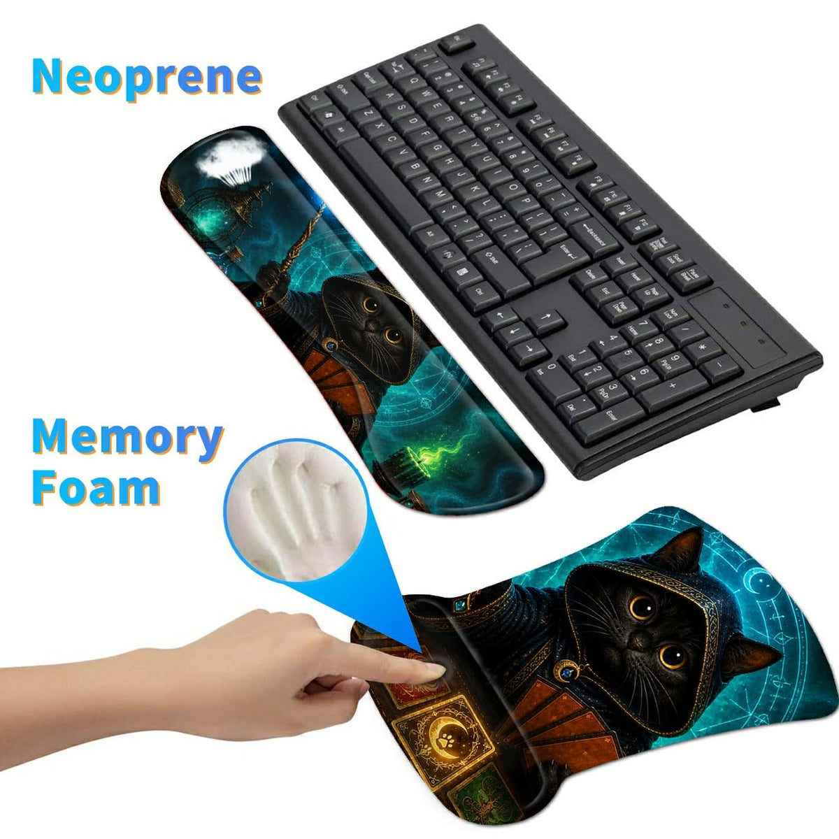 3-in-1 Ergonomic Memory Foam Keyboard Wrist Rest Pad Set, Flame Cat