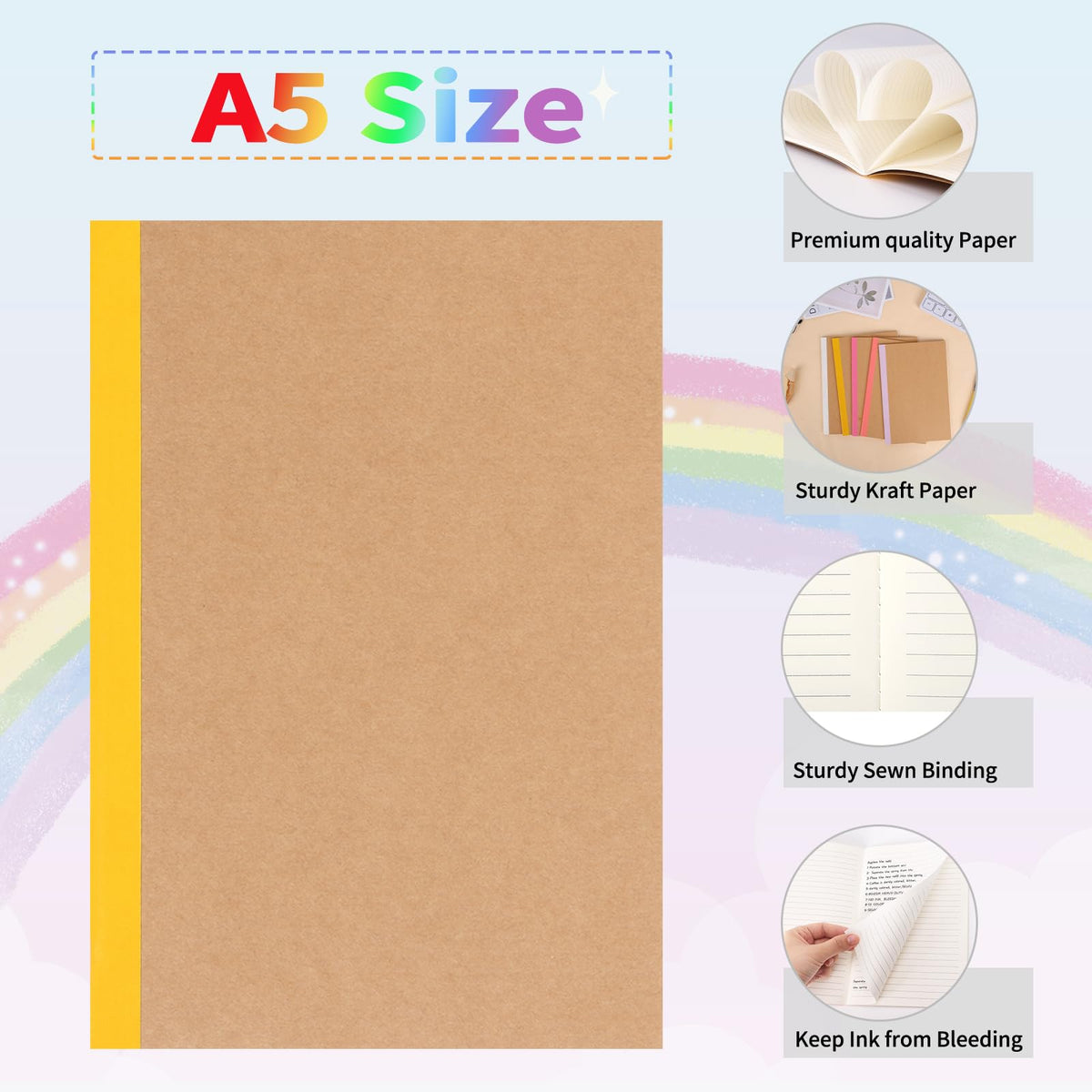 EOOUT 5 Pack A5 Composition Notebook, Kraft Lined Journal Bulk with Pink Spine, 5 Colors, 60 Pages