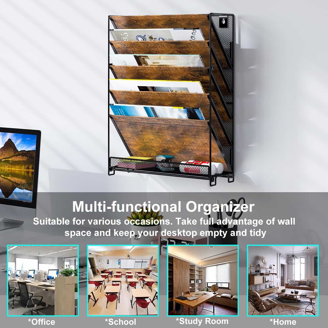 PAG-Mass Wall File Organizer for Office, 6-Tier Rustic Hanging File Holder Wall Storage Rack for