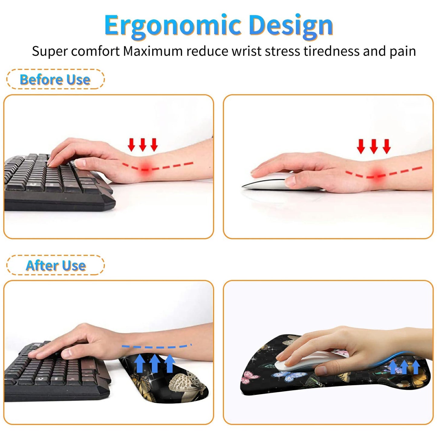 3Pcs Ergonomic Memory Foam Keyboard Wrist Rest Pad Set, Glitter Butterfly
