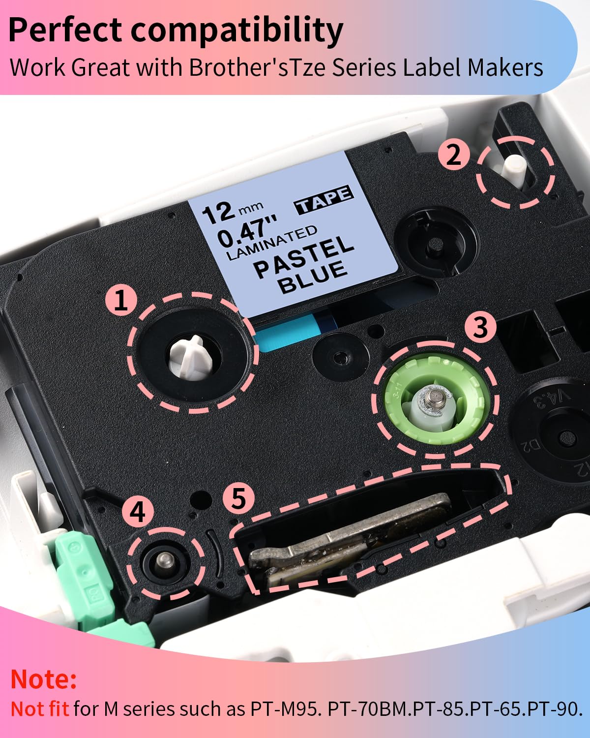 5X Compatible with Brother P-Touch Label Tape 12mm 0.47" Laminated Colored