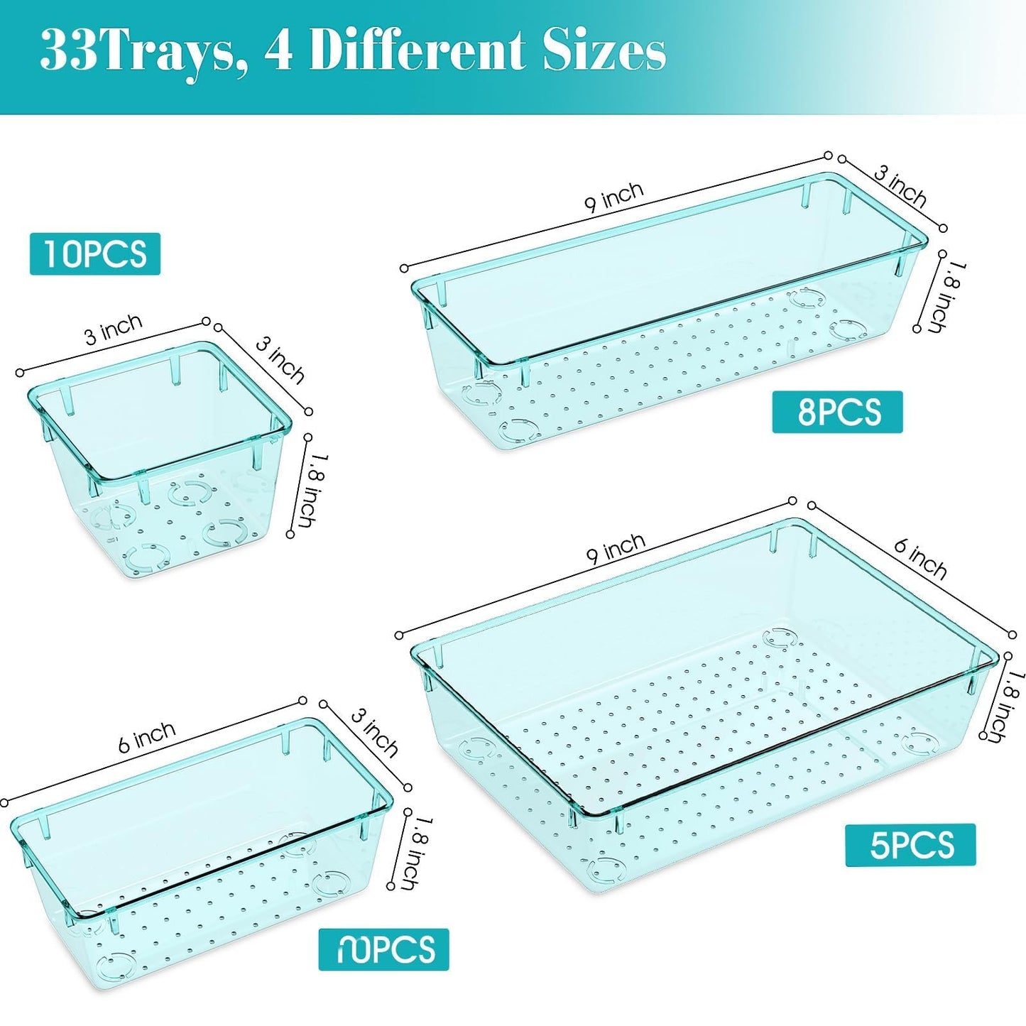 33 PCS Plastic Drawer Organizers Set, 4 Size Desk Drawer Organizer Trays