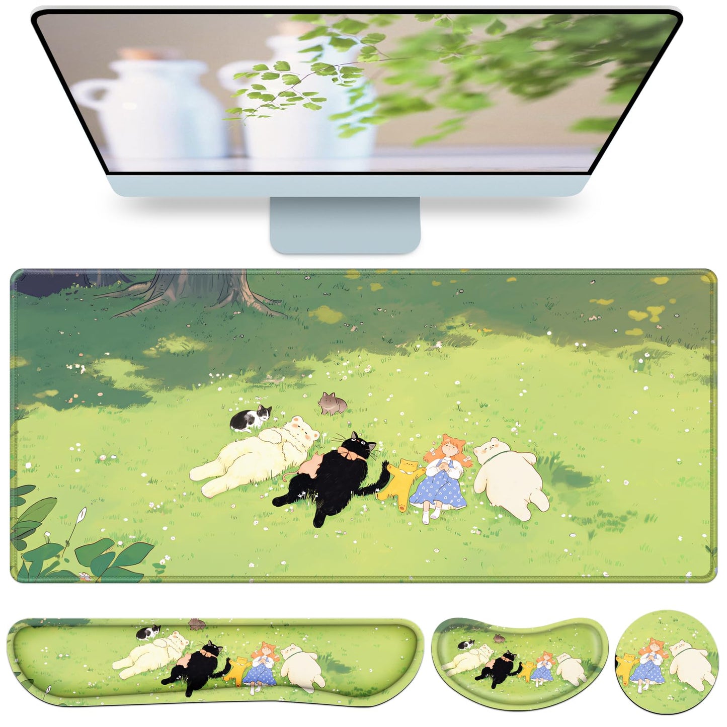 Desk Mat, Large Gaming Mouse Pad with Wrist Rest, 4in1 XXL Mousepad+Keyboard Wrist Rest+Mouse Pad