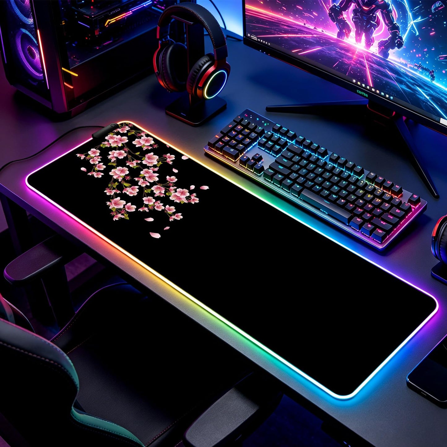 JIANG100 RGB Japanese Cherry Blossom Gaming Desk Mat, Sakura XL Mouse Pad