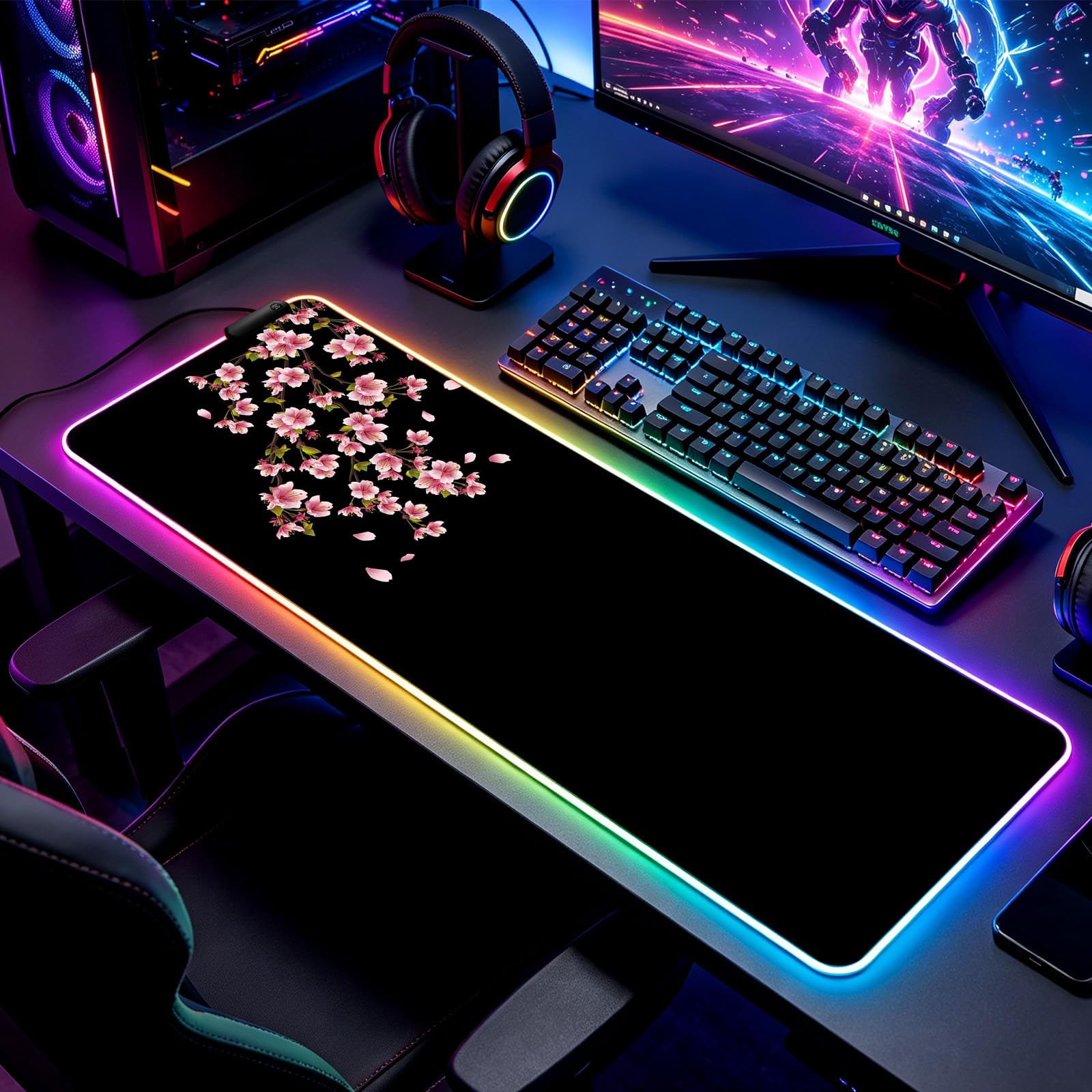 JIANG100 RGB Japanese Cherry Blossom Gaming Desk Mat, Sakura XL Mouse Pad