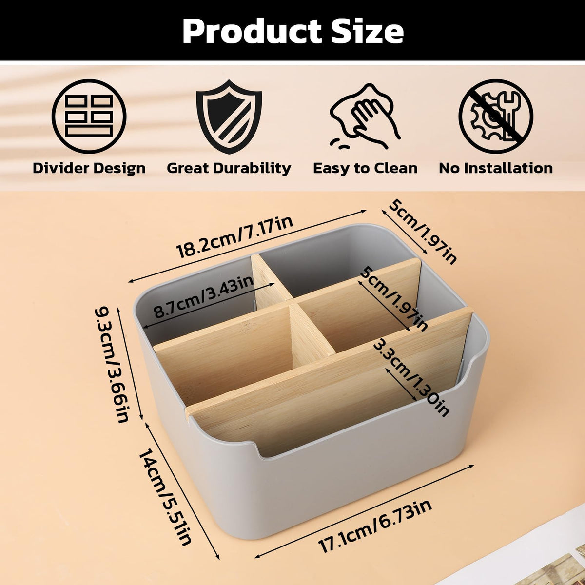 Segarty Gray Desk Storage Organizer, Detachable Divided Bamboo Remote Control Holder Caddy, Desktop