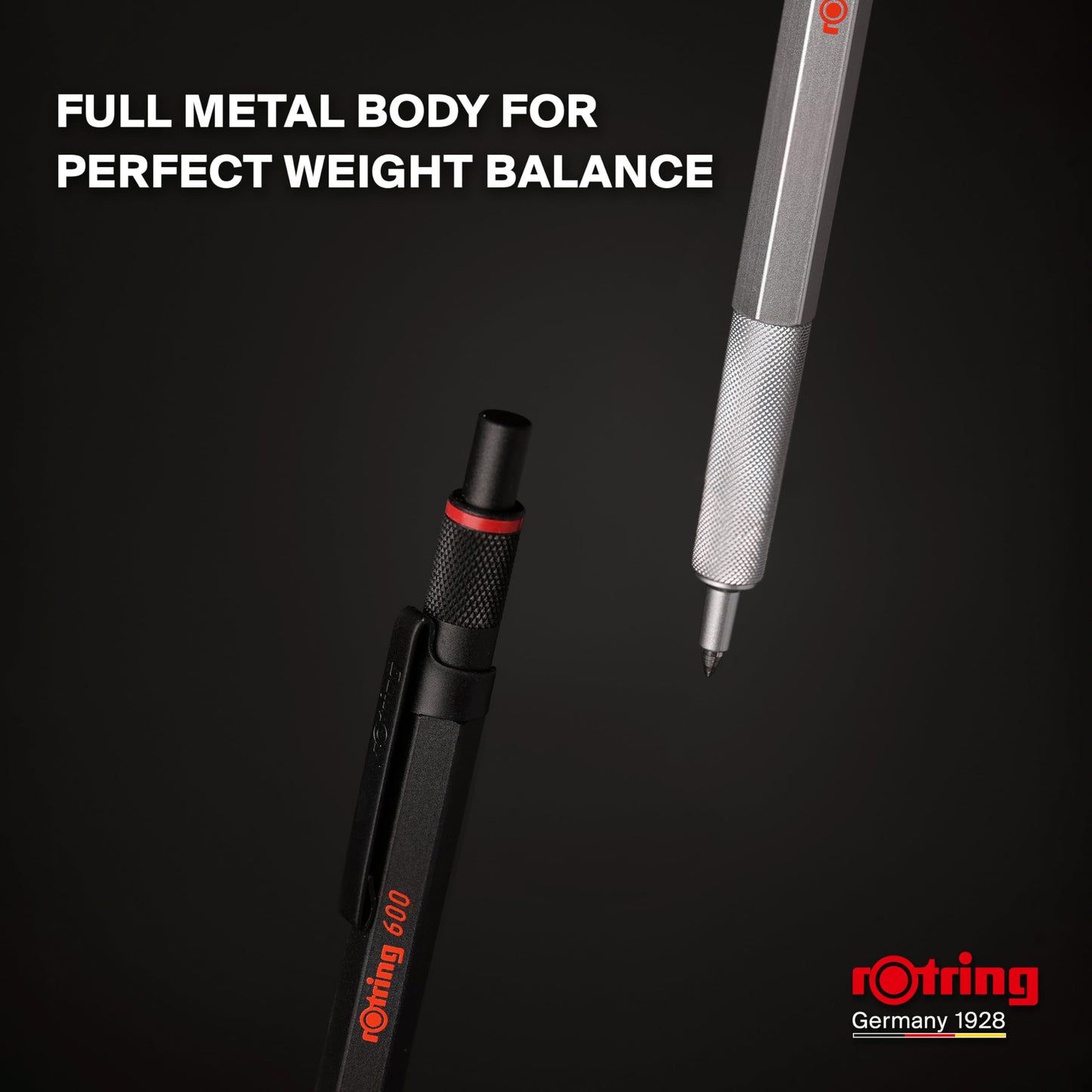 rOtring 600 Gel Pen | 0.55 mm | Black Ink | Silver Metal Body Pen | Non-Slip Knurled Grip &
