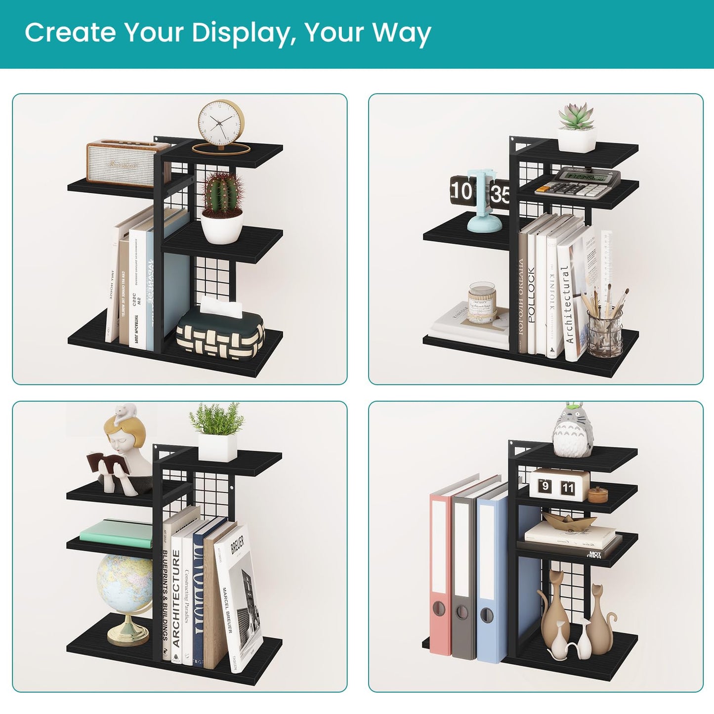 ELITEROO Desktop Bookshelf, 4 Tier Wood Desk Organizer Shelf, Tabletop Storage Shelf Rack for