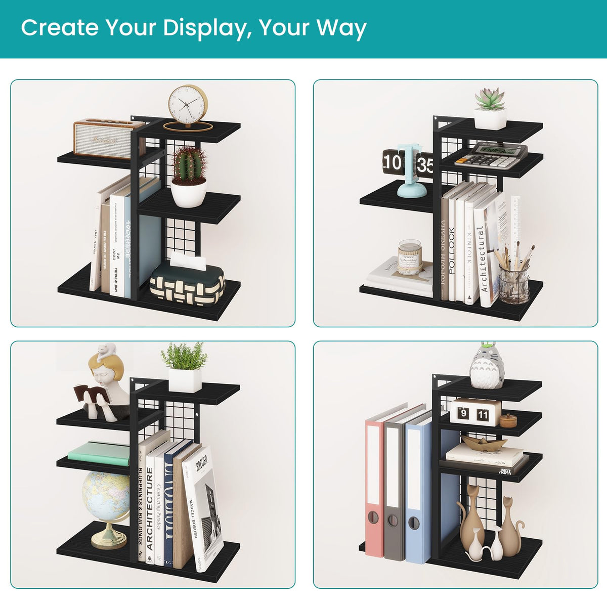ELITEROO Desktop Bookshelf, 4 Tier Wood Desk Organizer Shelf, Tabletop Storage Shelf Rack for