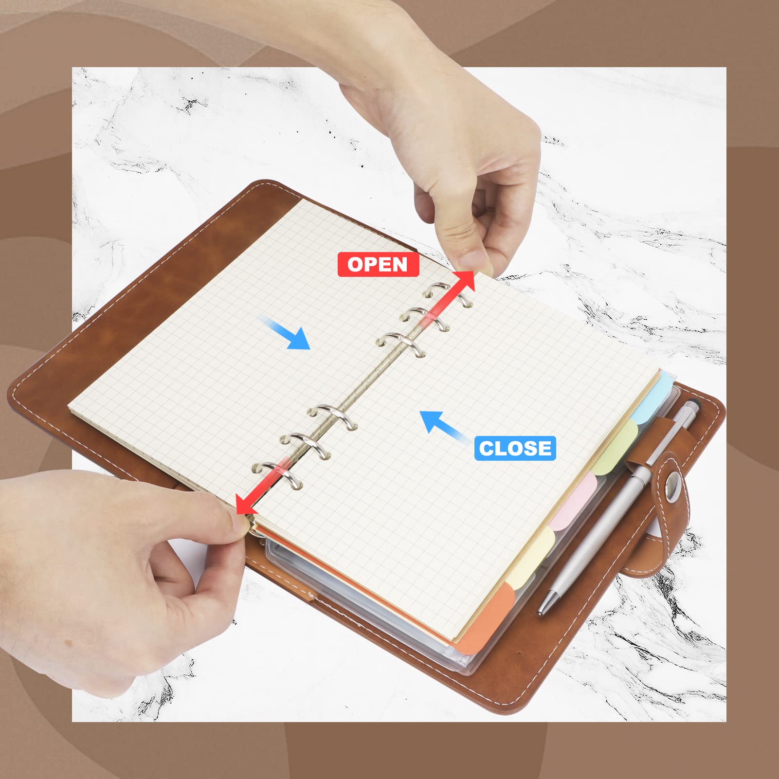 FYY A6 Binder Refillable Planner Notebook 6 Ring, Brown