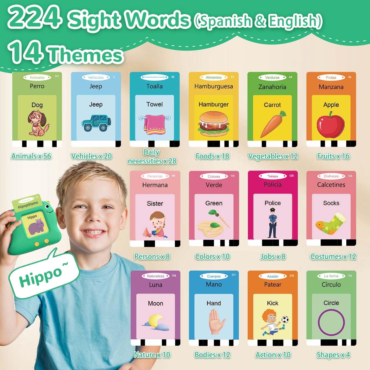 Spanish Talking Flash Cards, Bilingual Español & English Toys for Age 2-5
