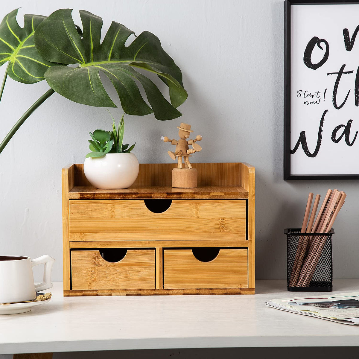 Rustic Bamboo Desk Organizer with Drawers,3-Drawer Desktop Storage Box