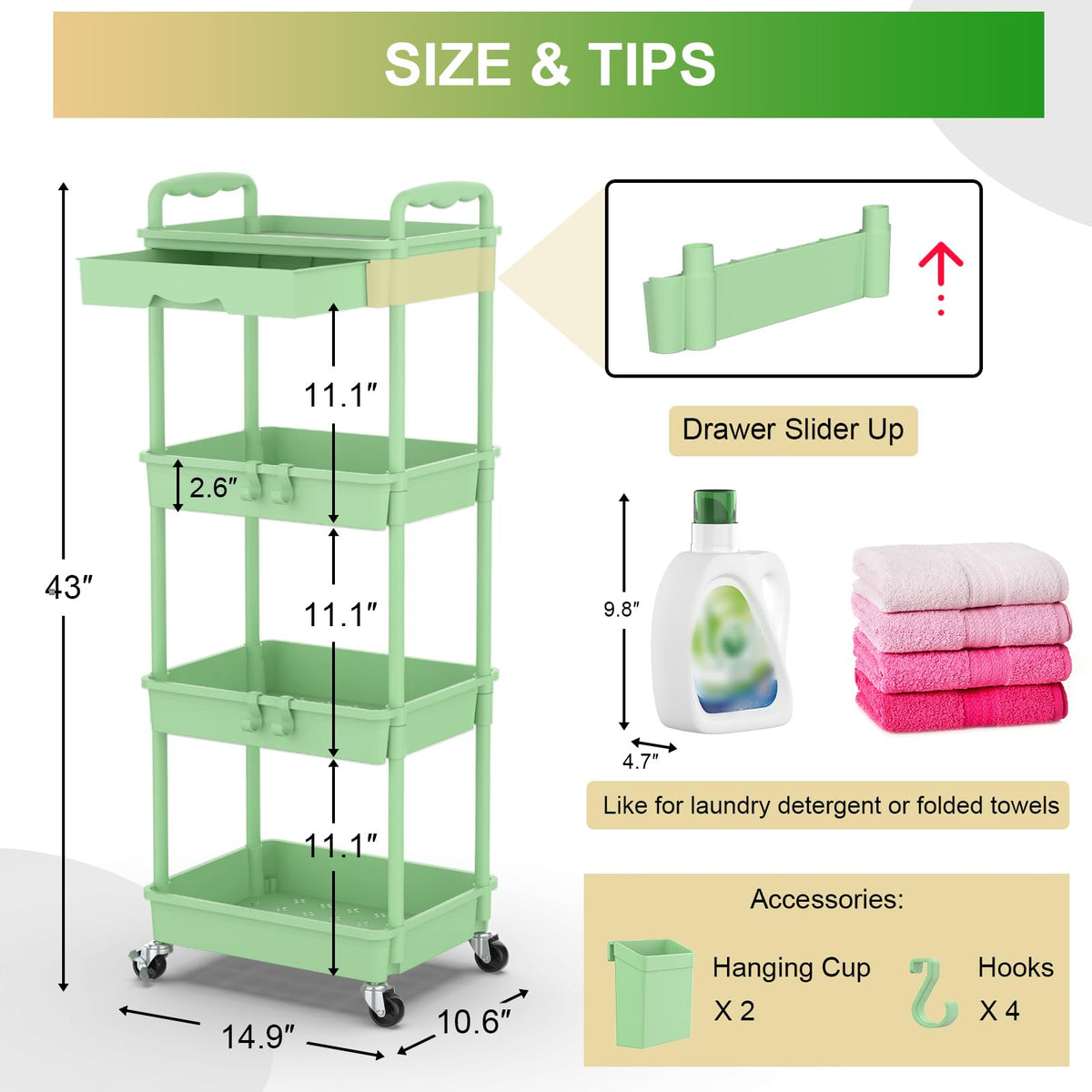 Goovilla 4 Tier Rolling Utility Cart Organizer with Removable Drawer, Green