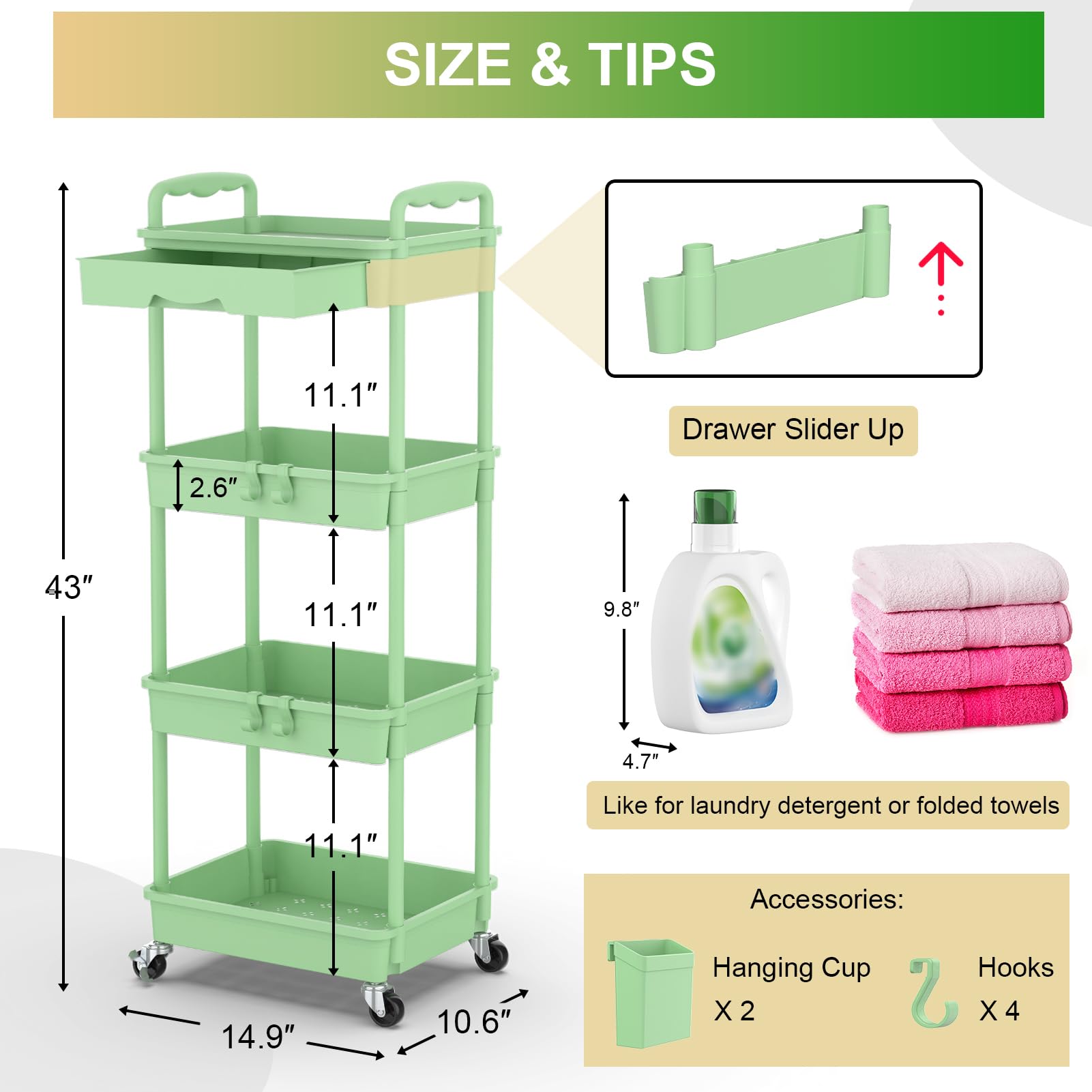 Goovilla 4 Tier Rolling Utility Cart Organizer with Removable Drawer, Green