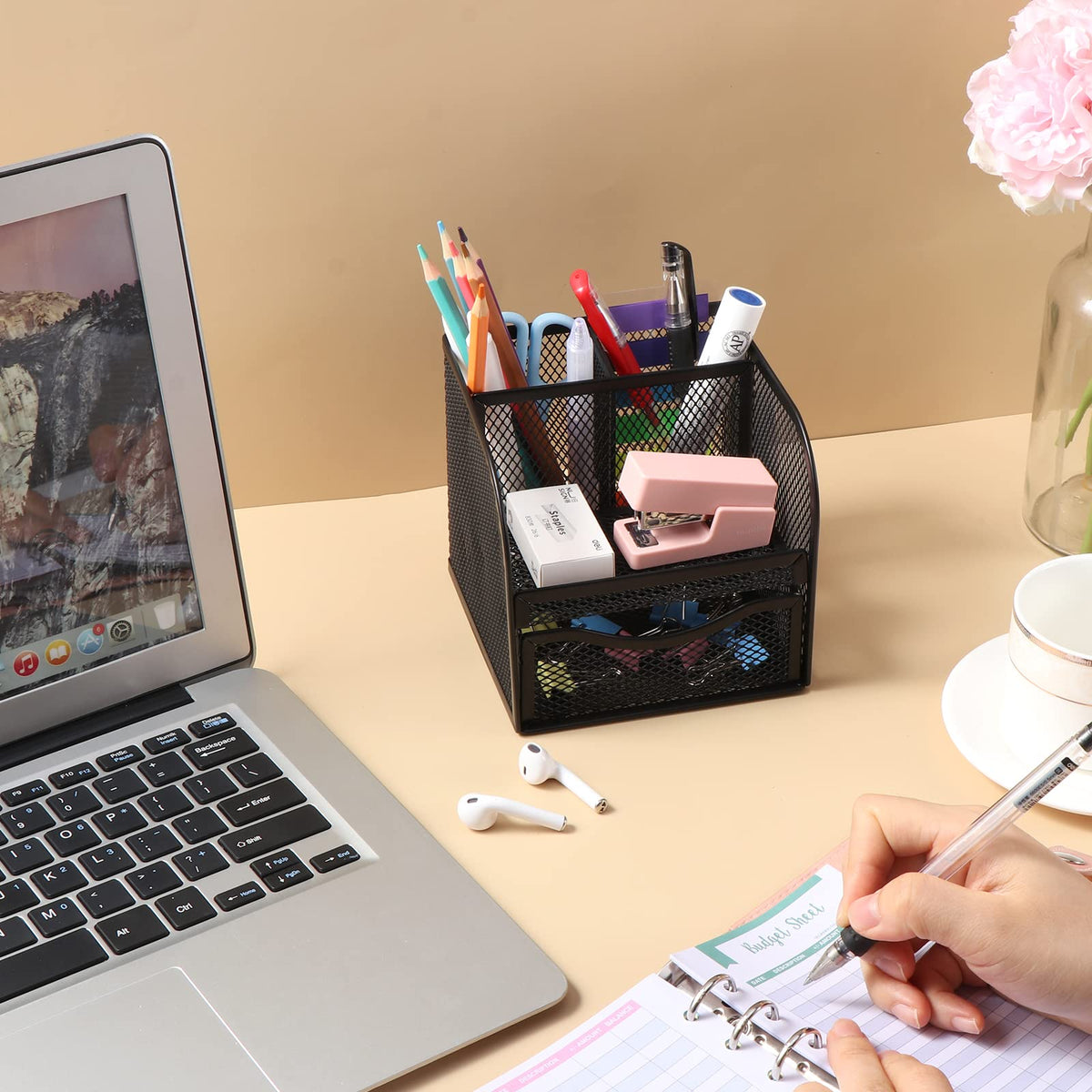 Vinabo Office Storage, Metal Mesh Desk Organizer, Desk Pencil Holder with 4 Sorting Compartments