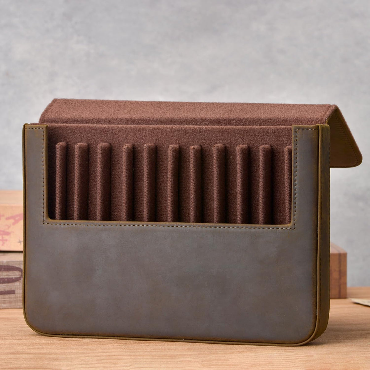 Lanxivi 12 Fountain Pen Case Genuine Leather Organizer, Crazy Horse Cowhide Leather Portable Pen
