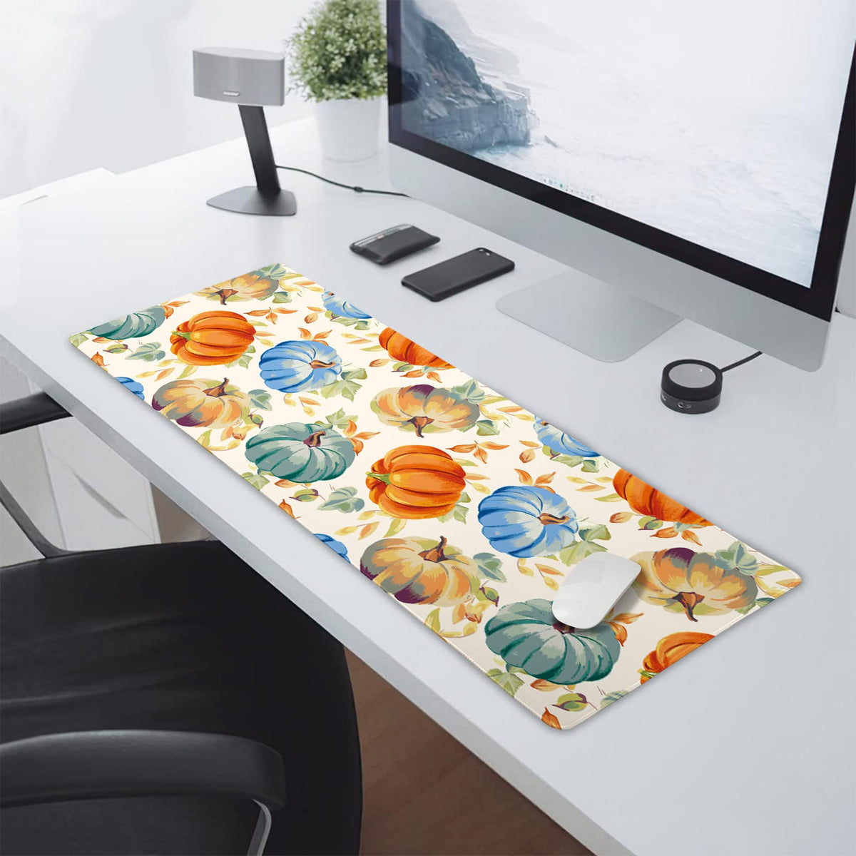 Watercolor Fall Pumpkins Gaming Mouse Pad XL Autumn Leaves Extended Big Large Desk Mat Non-Slip