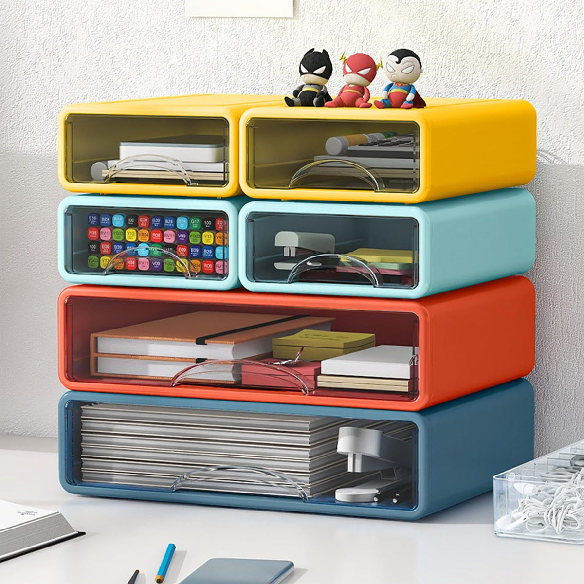 Desk Organizer with Drawers, Stackable Storage Drawers with Compartments Desktop Organization for