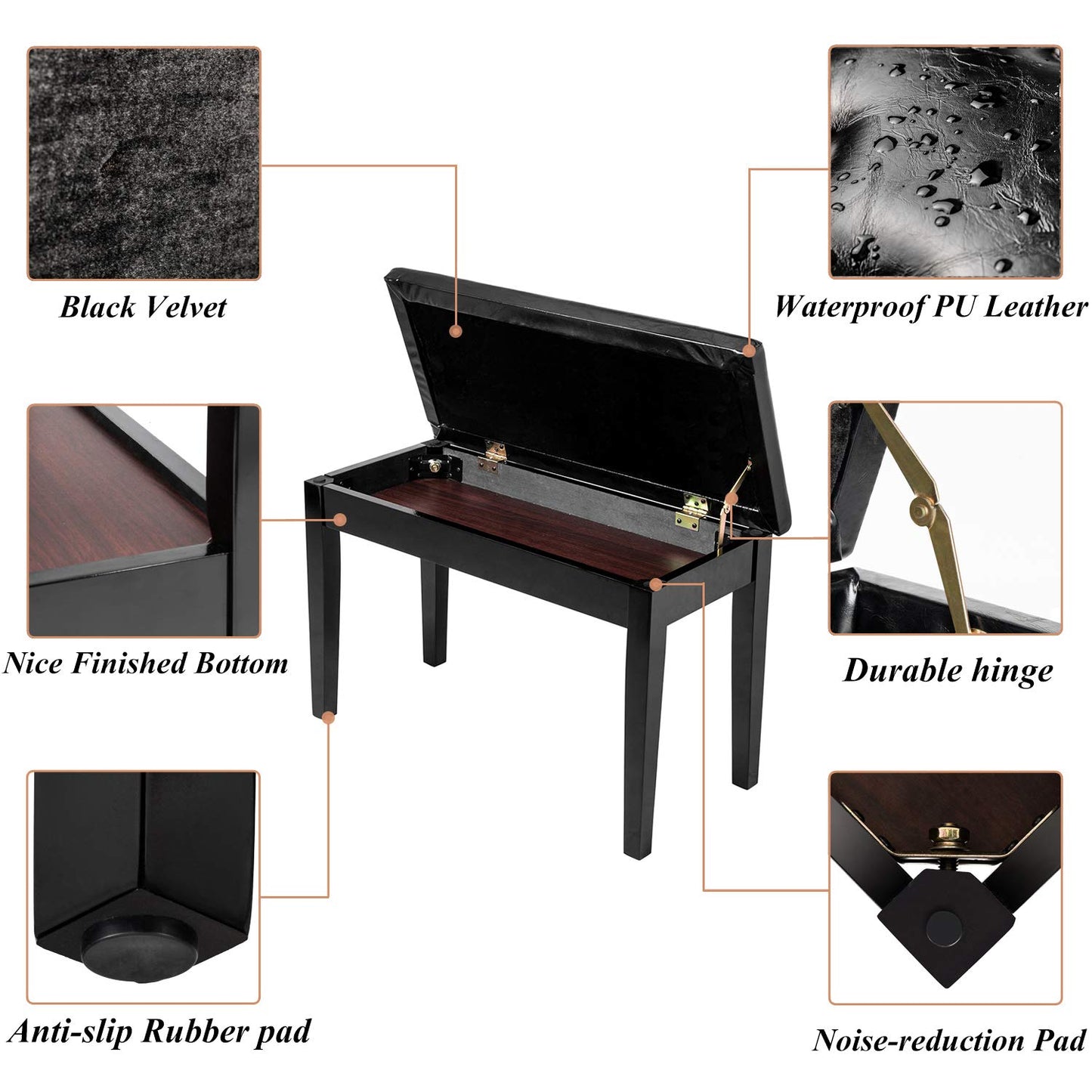 Bonnlo Wooden Duet Piano Bench with Storage, Padded Seat, Black