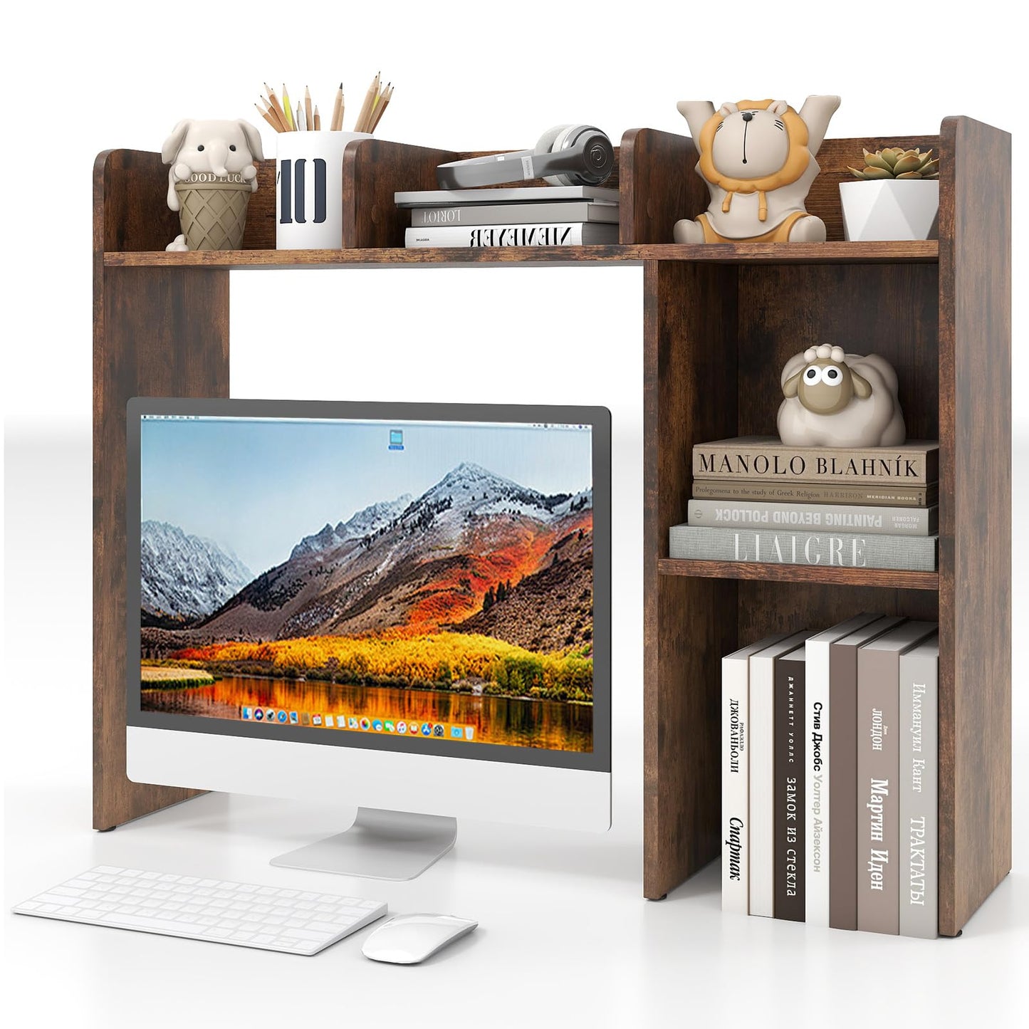 Giantex Desktop Bookshelf, Wood Desk Hutch Organizer for 27 Inch Computer Monitor, Countertop