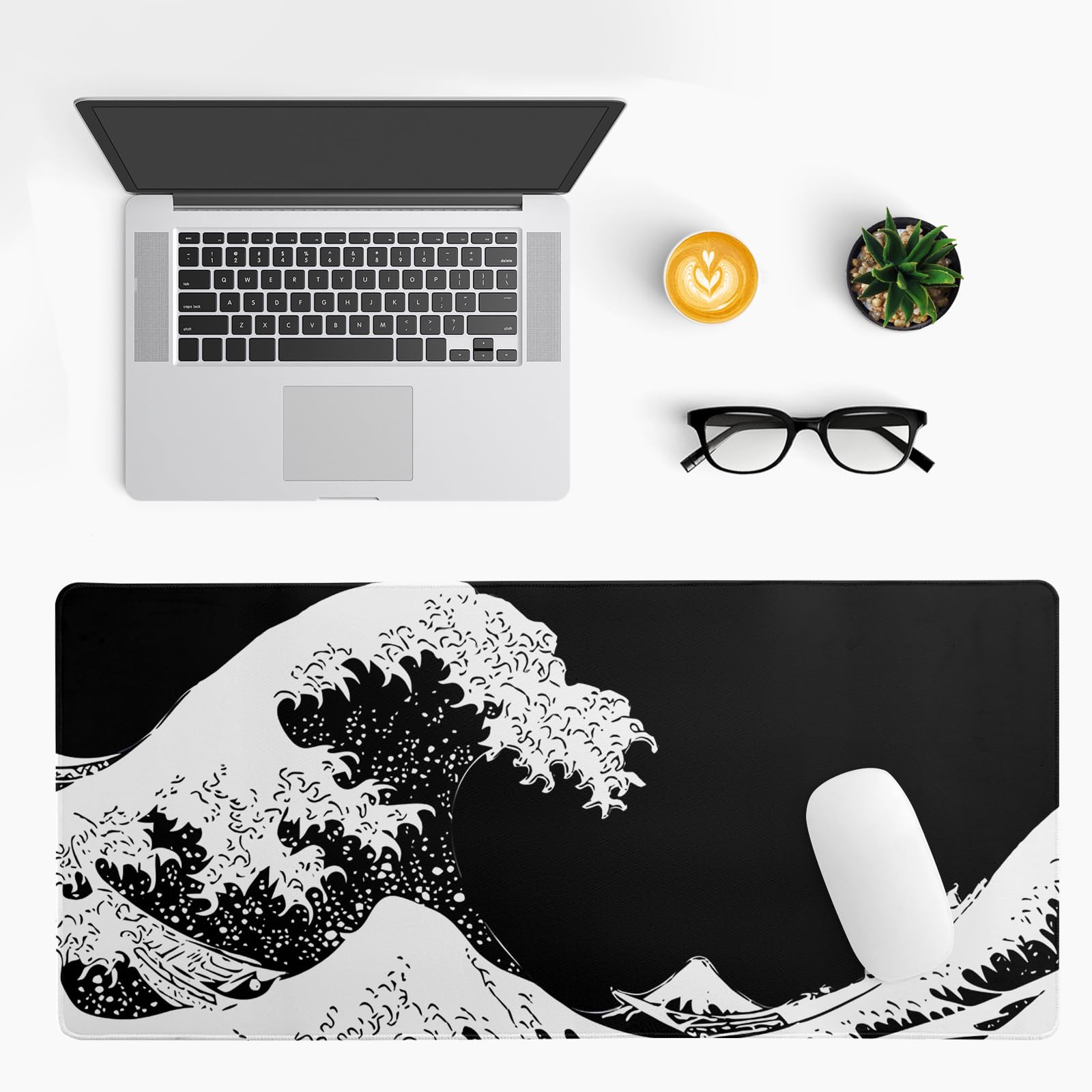 Japanese Sea Wave Large Mouse Pad, Abstract Black Gaming Mousepad, Extended Kanagawa Mat Desk Pad
