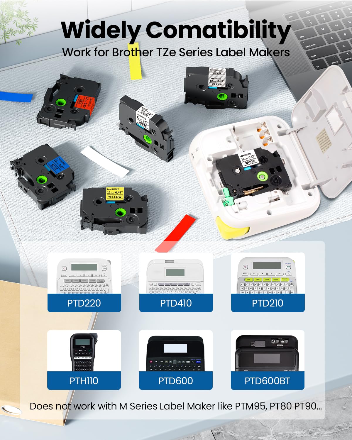 Label Maker Tape Compatible with Brother PT-D200 1280 2040 1750 1090 1180